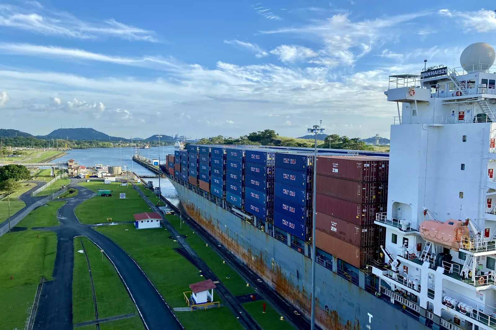 A container ship in the Miraflores Locks of the Panama Canal