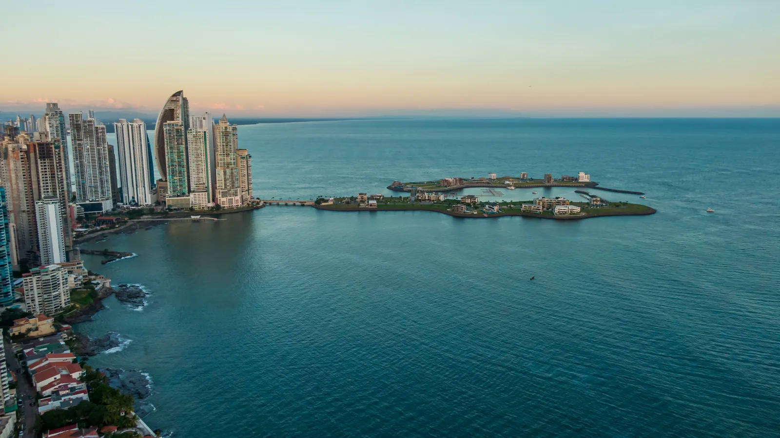 Aerial view of Punta Pacífica and the Panama City bay at dusk