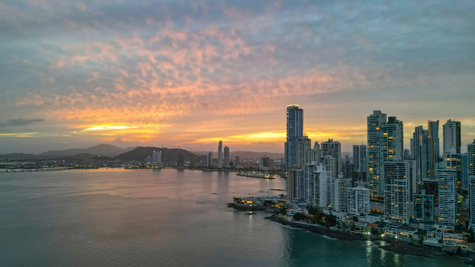 Panama City skyline and bay at sunset